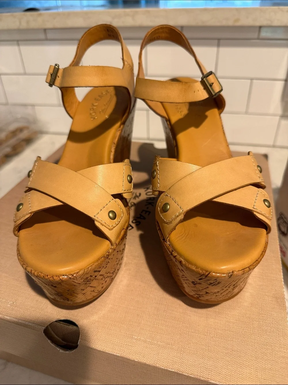 Kork-Ease Tan Leather Jaclyn Cork Platform Wedge Sandals 8